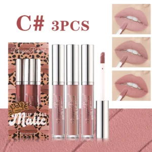 Dragon Ranee Matte Lip Gloss 3pcs Set with Leopard Print Packaging for Long-lasting Wear